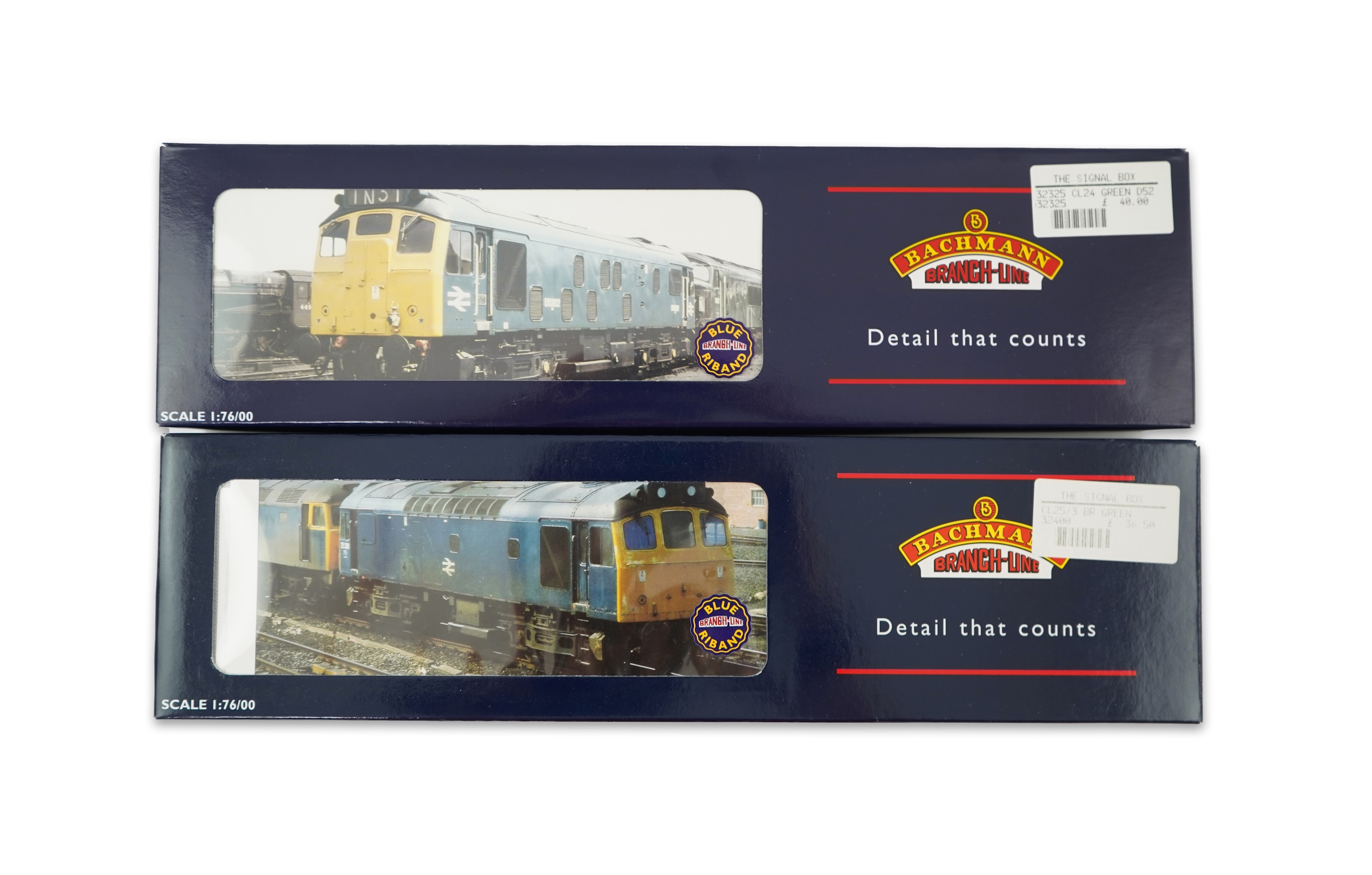 Two boxed Bachmann Branchline 00 gauge railway BR diesel locomotives; a class 25/3 Bo-Bo, D7645, (32-400), together with a class 25/1 Bo-Bo, D5211, (32-325)